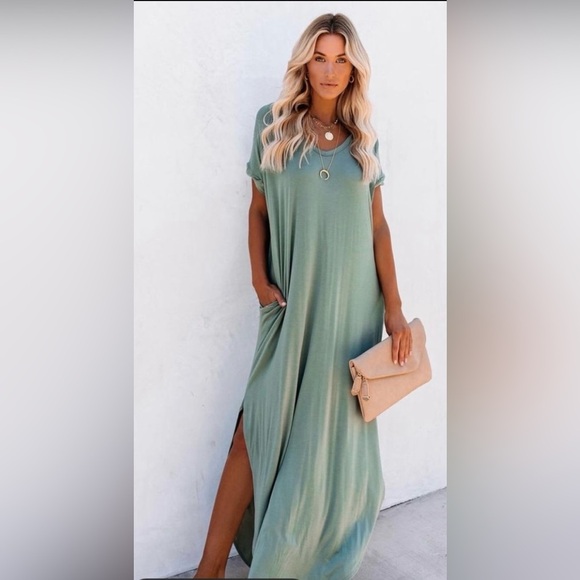 Olive Green V-Neck Maxi Dress - Picture 2 of 7